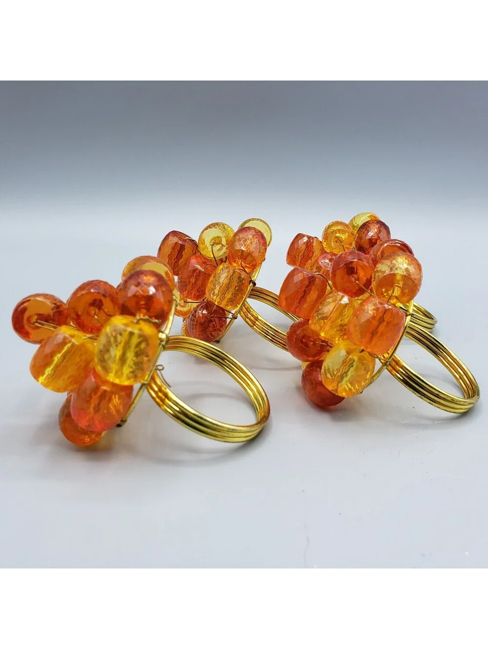 4 Orange Yellow Beaded Napkin Rings Faceted Gold Metal Wire Wrapped Spring